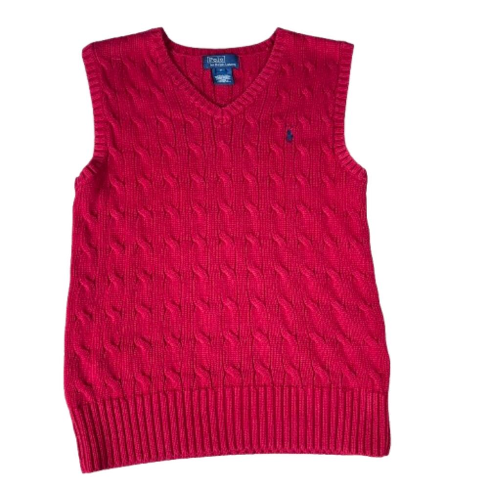 Polo Ralph Lauren Boys Red Cable Knit 100% Cotton Sweater Vest Size 7